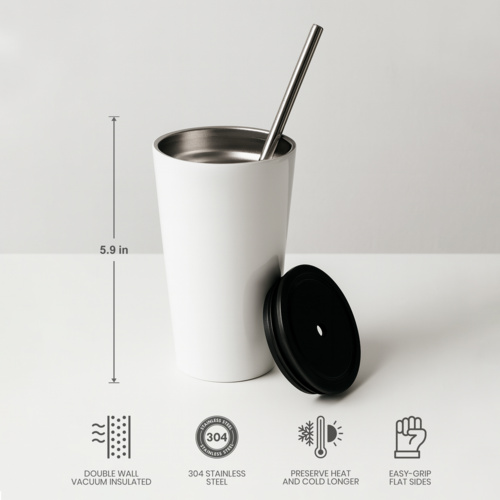 16oz Stainless Steel Tumbler with Straw (White) Thumbnail