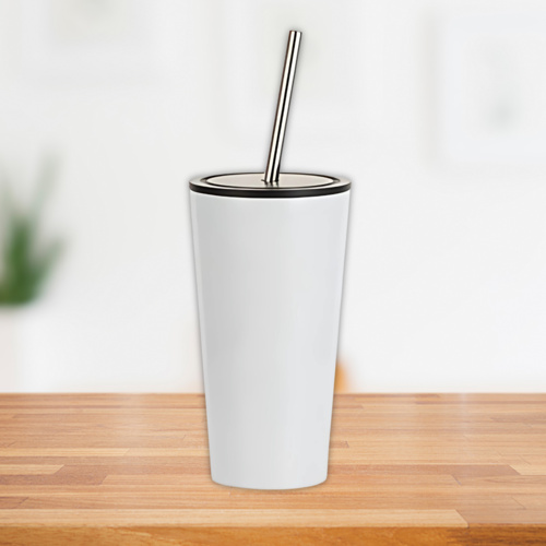 16oz Stainless Steel Tumbler with Straw (White) Thumbnail
