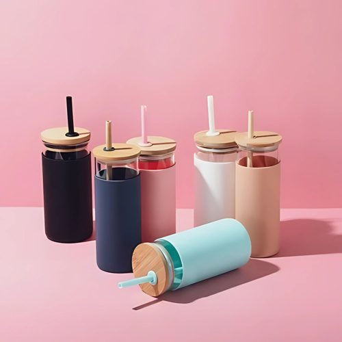 Pastel Color Glass w/ Bamboo Lid & Straw 500ml Thumbnail